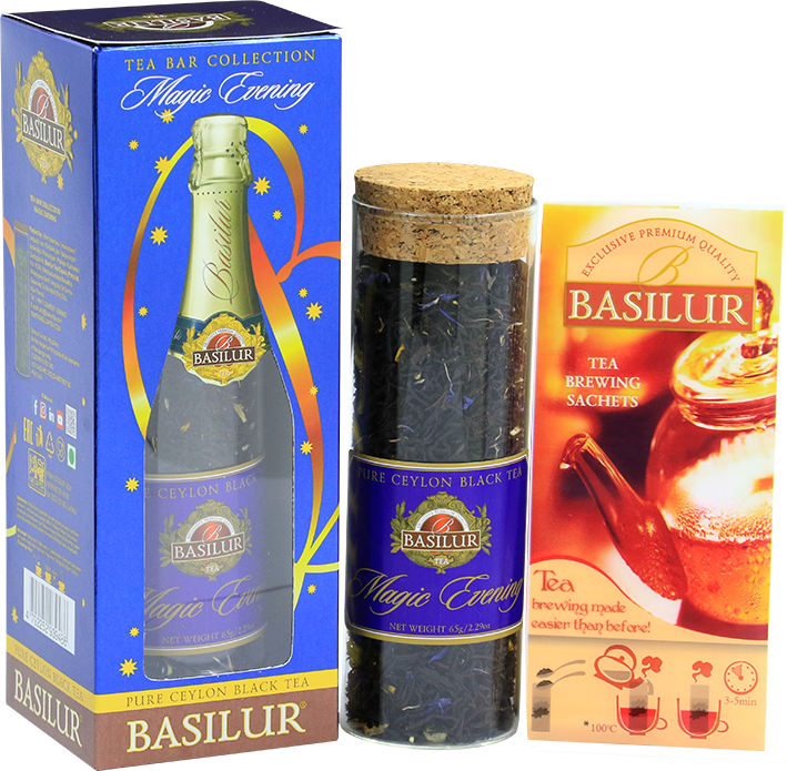 Zestaw Basilur Magic Evening – szklana tuba z czarną herbatą cejlońską i saszetkami do parzenia.