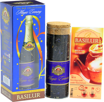 Zestaw Basilur Magic Evening – szklana tuba z czarną herbatą cejlońską i saszetkami do parzenia.