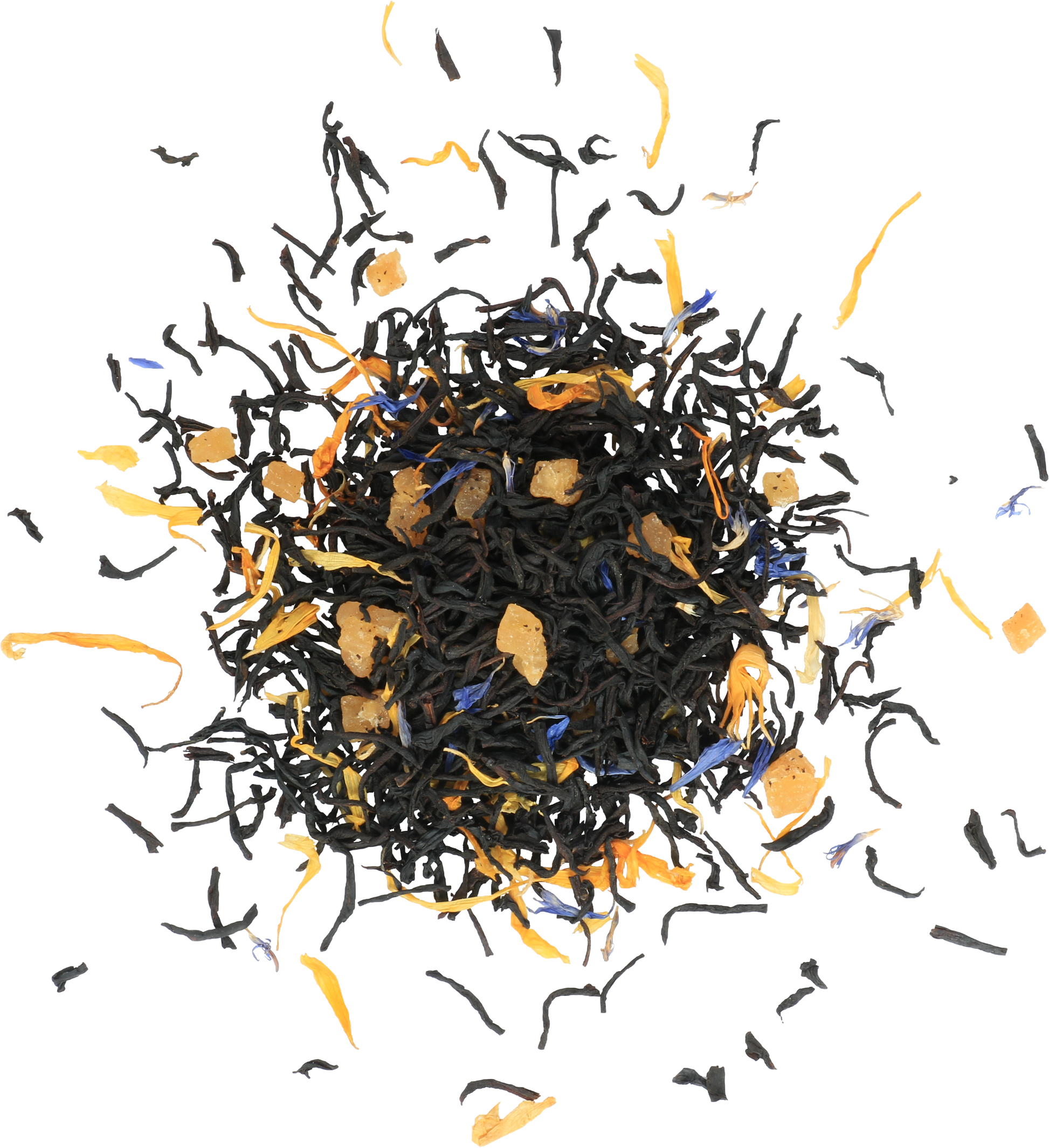 Liście herbaty Basilur Magic Evening z dodatkami owoców i płatków kwiatów w zbliżeniu.