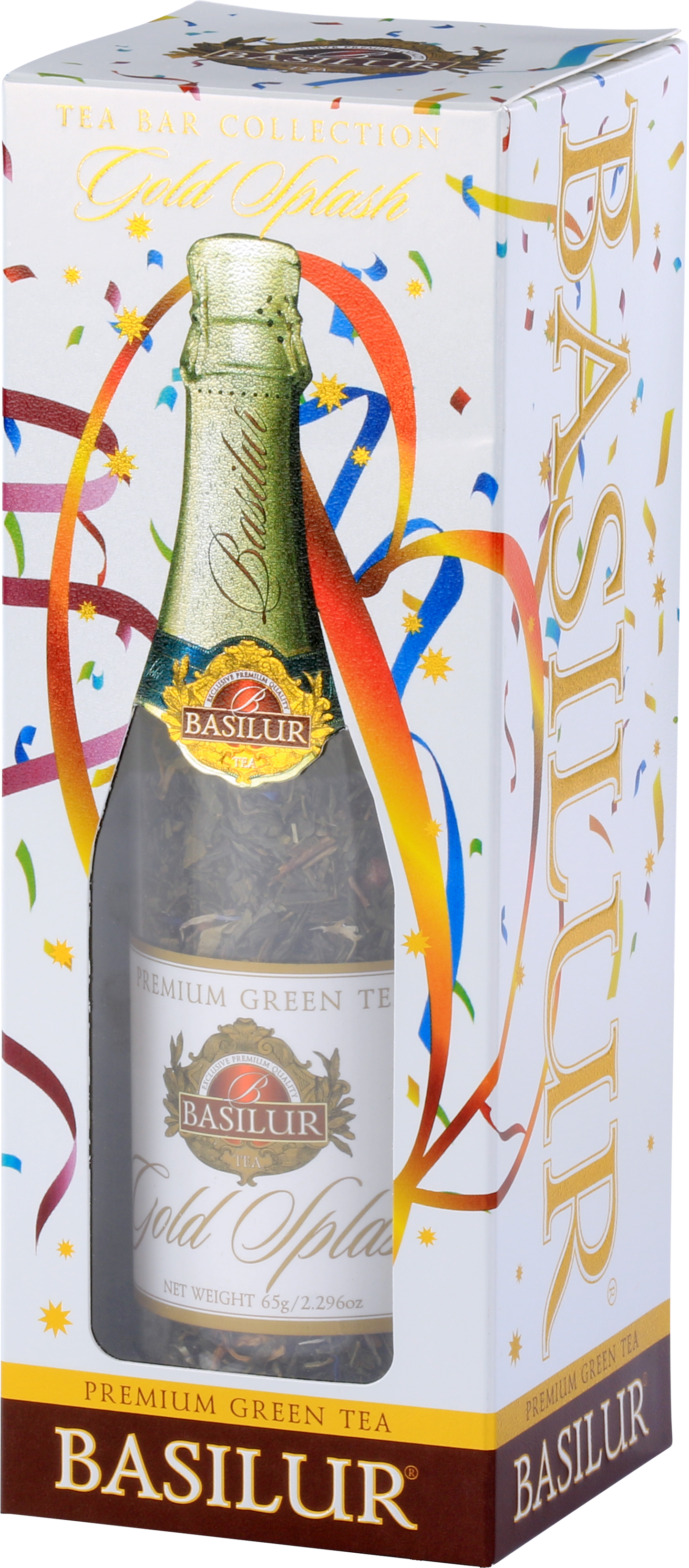 Zbliżenie na front opakowania Basilur Gold Splash z kolorowymi konfetti.
