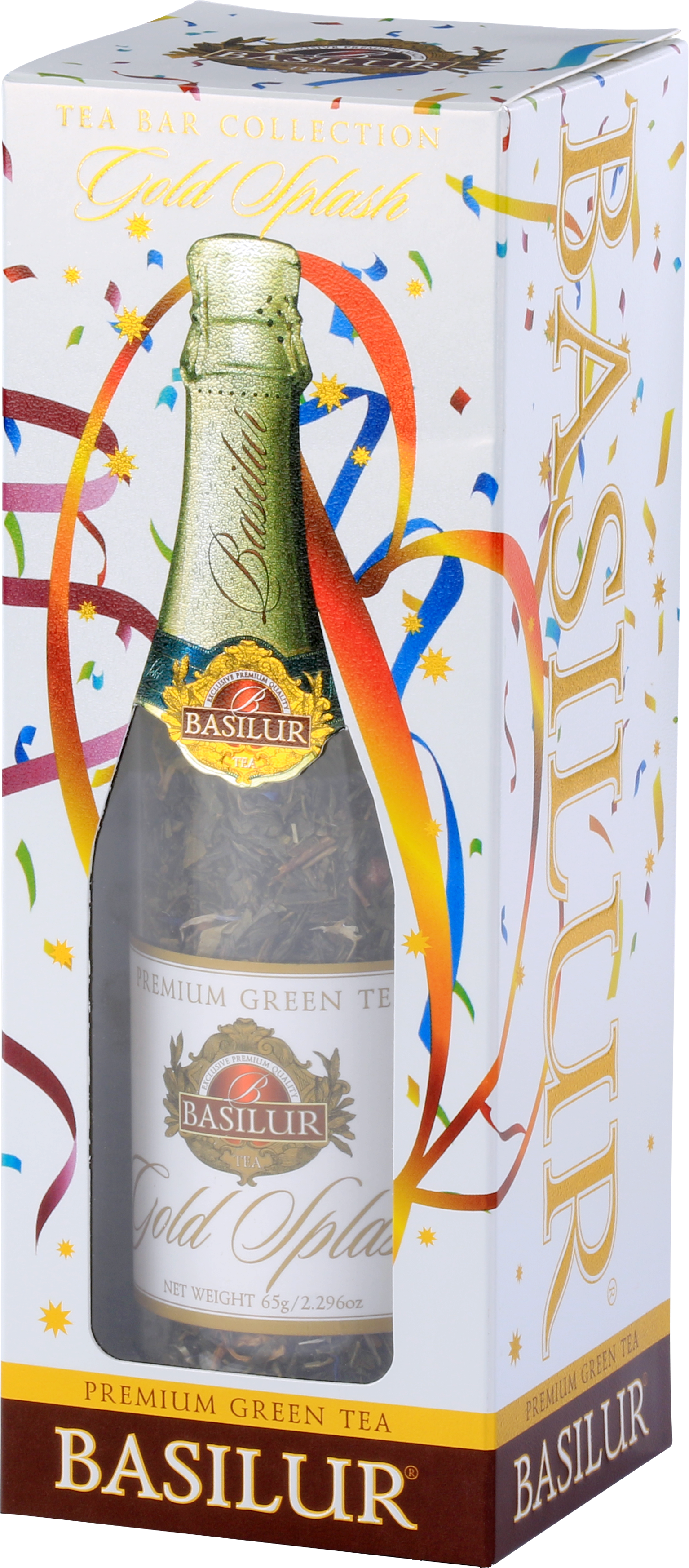 Zbliżenie na front opakowania Basilur Gold Splash z kolorowymi konfetti.