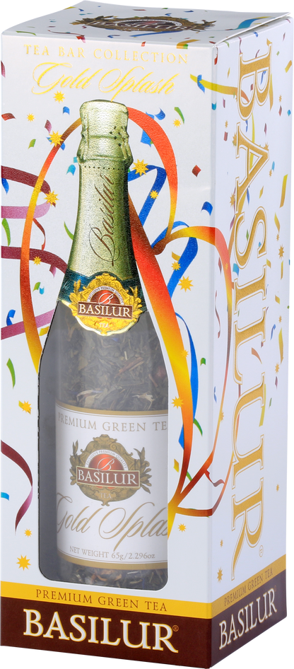 Zbliżenie na front opakowania Basilur Gold Splash z kolorowymi konfetti.