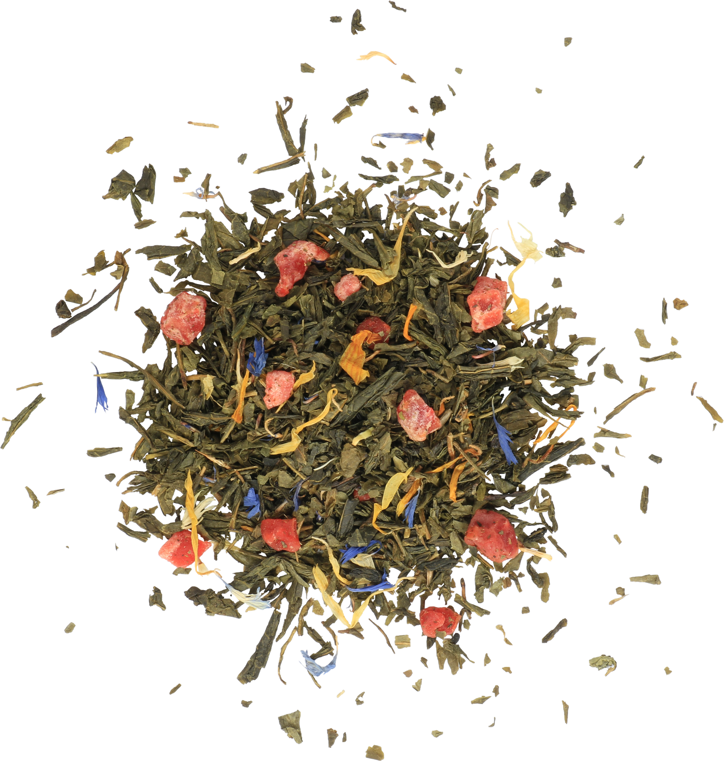 Liście zielonej herbaty Basilur Gold Splash z kawałkami owoców i płatkami kwiatów.