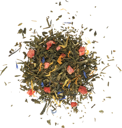 Liście zielonej herbaty Basilur Gold Splash z kawałkami owoców i płatkami kwiatów.