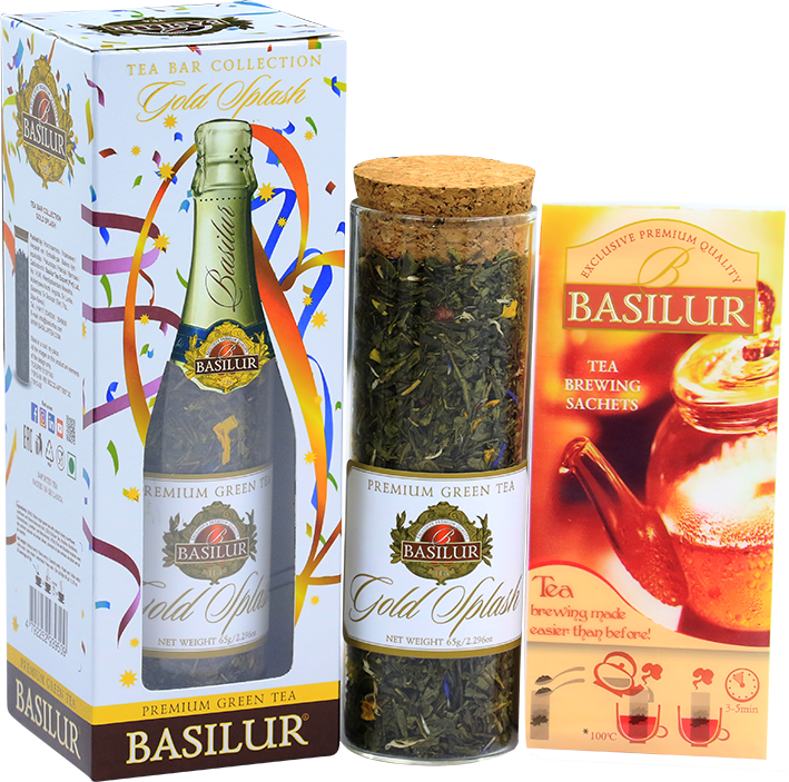 Zestaw Basilur Gold Splash – szklana tuba z herbatą i saszetkami do parzenia.