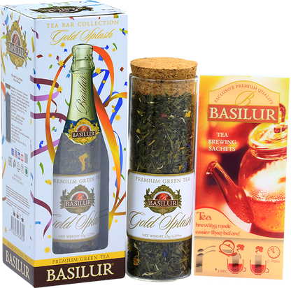 Zestaw Basilur Gold Splash – szklana tuba z herbatą i saszetkami do parzenia.