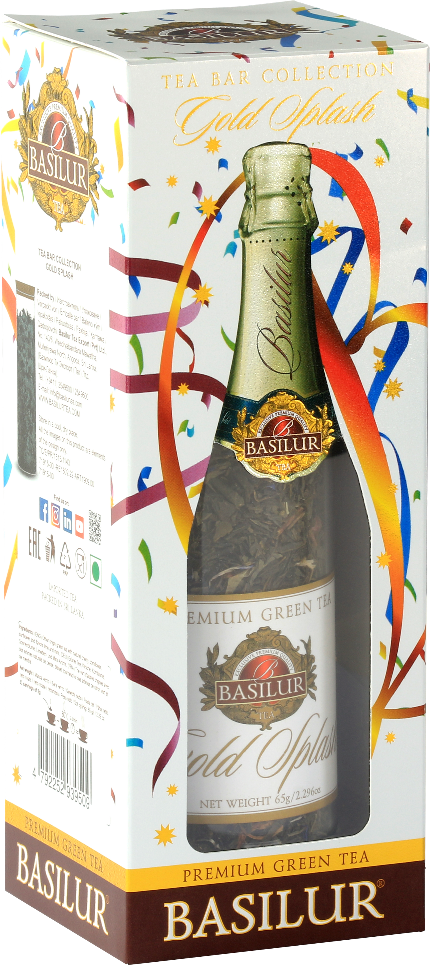 Herbata Basilur Gold Splash w eleganckiej tubie w kształcie butelki szampana.