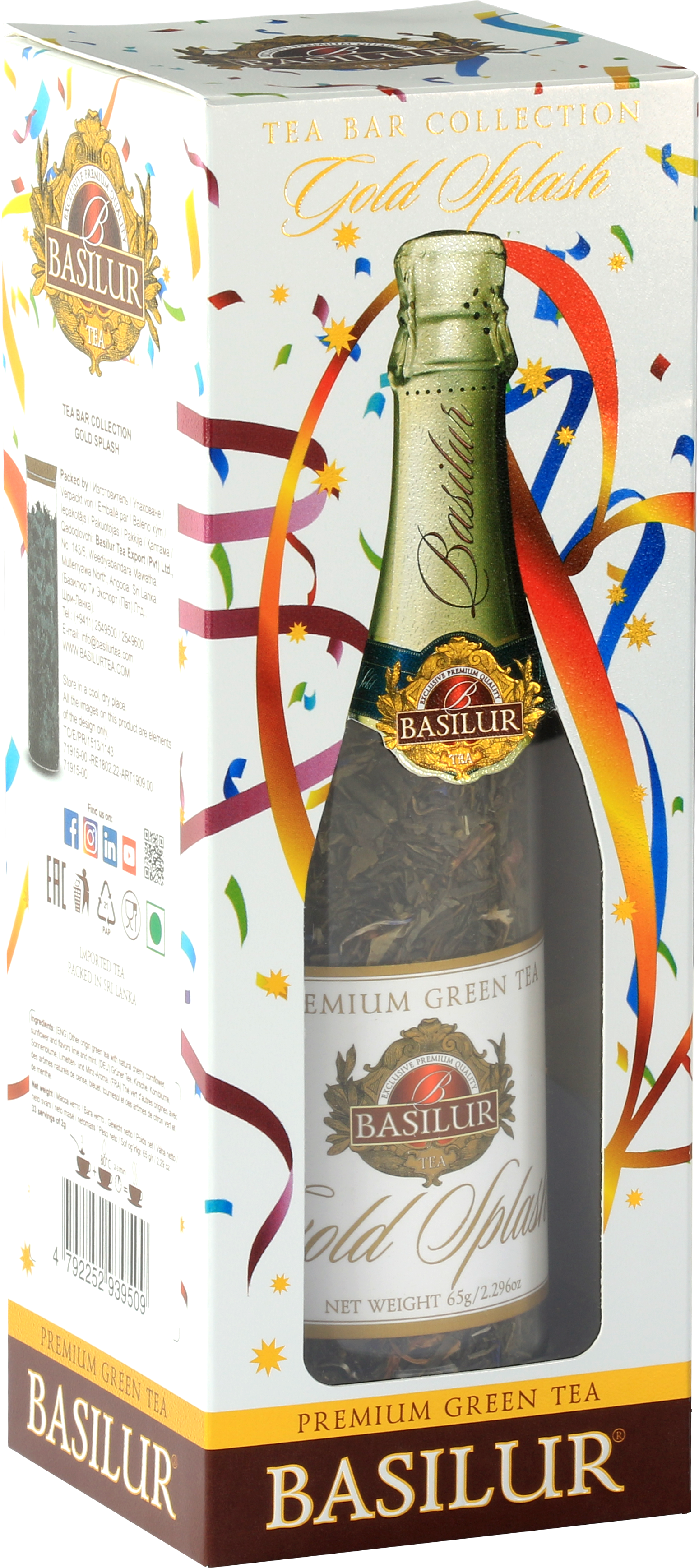 Herbata Basilur Gold Splash w eleganckiej tubie w kształcie butelki szampana.
