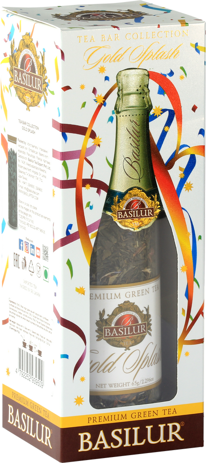 Herbata Basilur Gold Splash w eleganckiej tubie w kształcie butelki szampana.