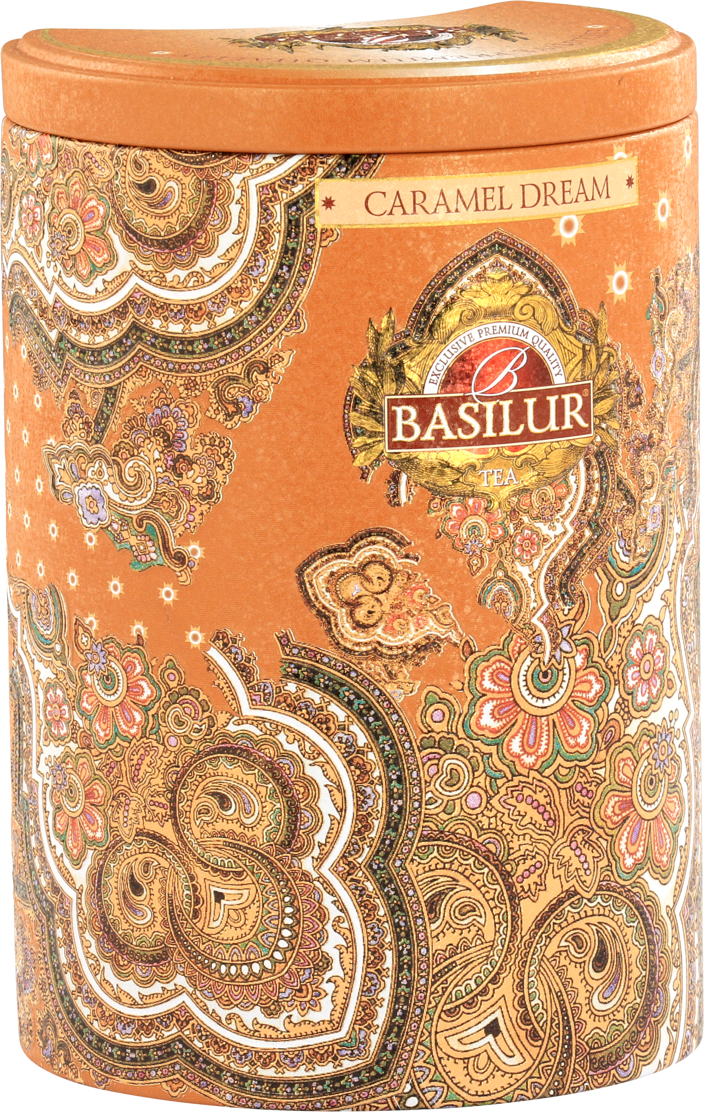 Puszka Basilur Caramel Dream w orientalnym stylu – eleganckie opakowanie herbaty czarnej z nutą karmelu.