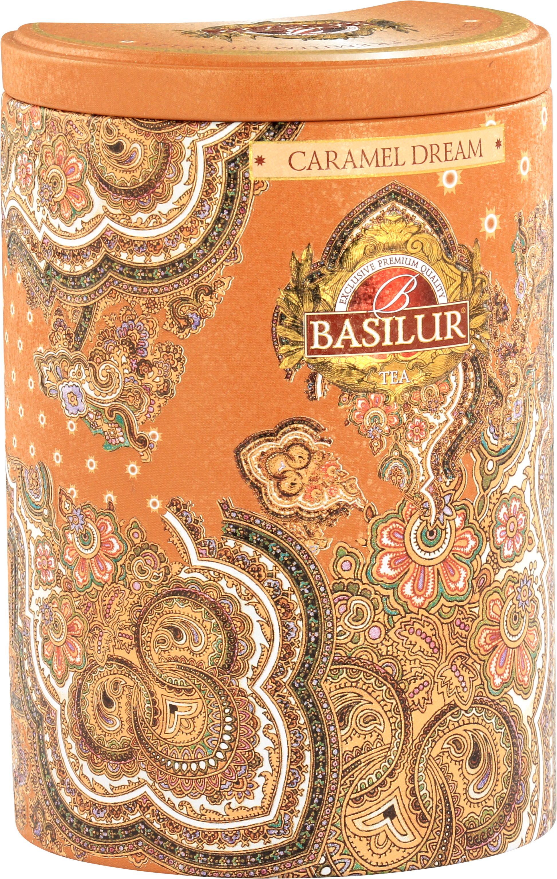 Puszka Basilur Caramel Dream w orientalnym stylu – eleganckie opakowanie herbaty czarnej z nutą karmelu.