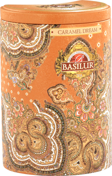 Puszka Basilur Caramel Dream w orientalnym stylu – eleganckie opakowanie herbaty czarnej z nutą karmelu.