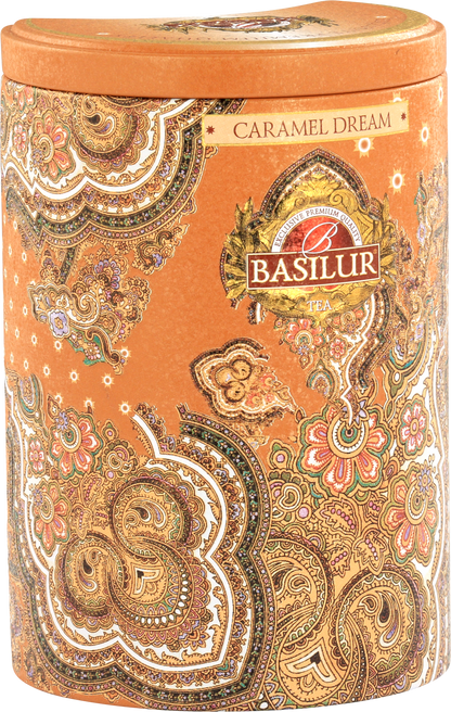 Puszka Basilur Caramel Dream w orientalnym stylu – eleganckie opakowanie herbaty czarnej z nutą karmelu.