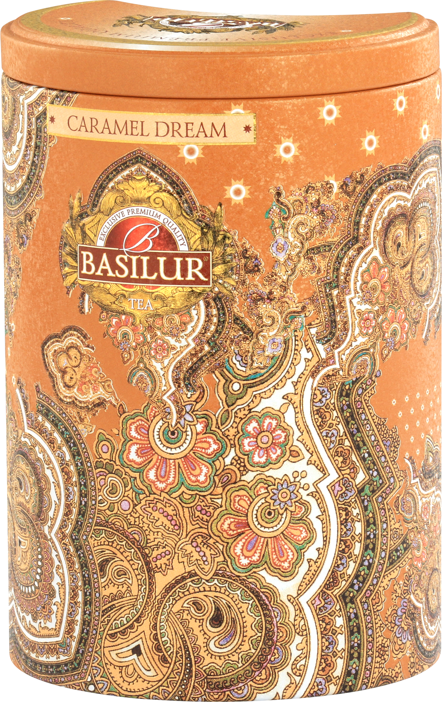 Puszka herbaty Basilur Caramel Dream – luksusowe opakowanie z orientalnym wzorem.