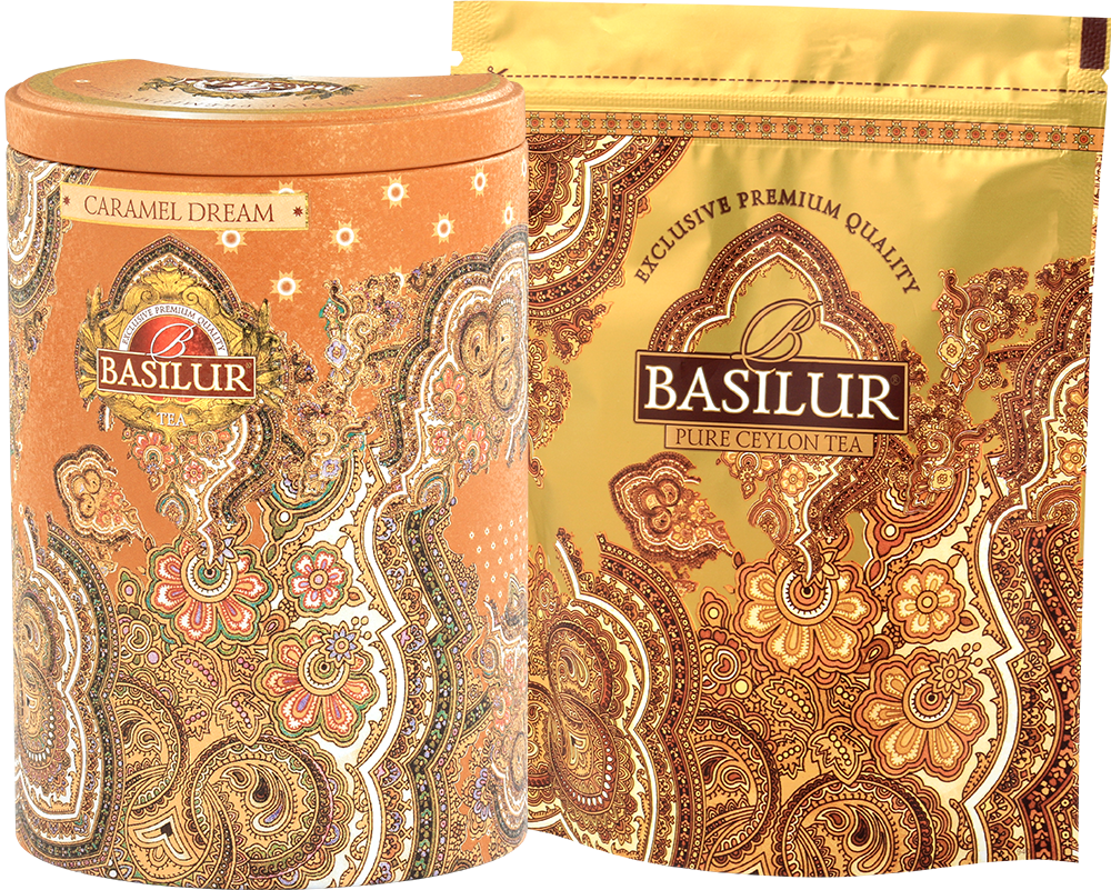 Zestaw Basilur Caramel Dream – ozdobna puszka i złote opakowanie wewnętrzne.