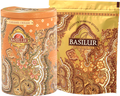 Zestaw Basilur Caramel Dream – ozdobna puszka i złote opakowanie wewnętrzne.