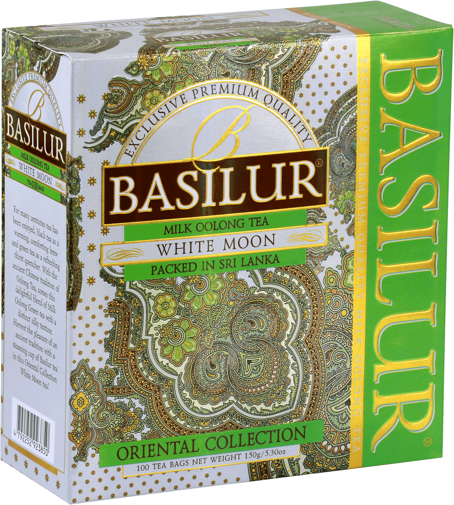 Bok pudełka Basilur White Moon – herbata z kolekcji Oriental Collection, mleczna oolong premium.