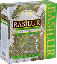 Bok pudełka Basilur White Moon – herbata z kolekcji Oriental Collection, mleczna oolong premium.