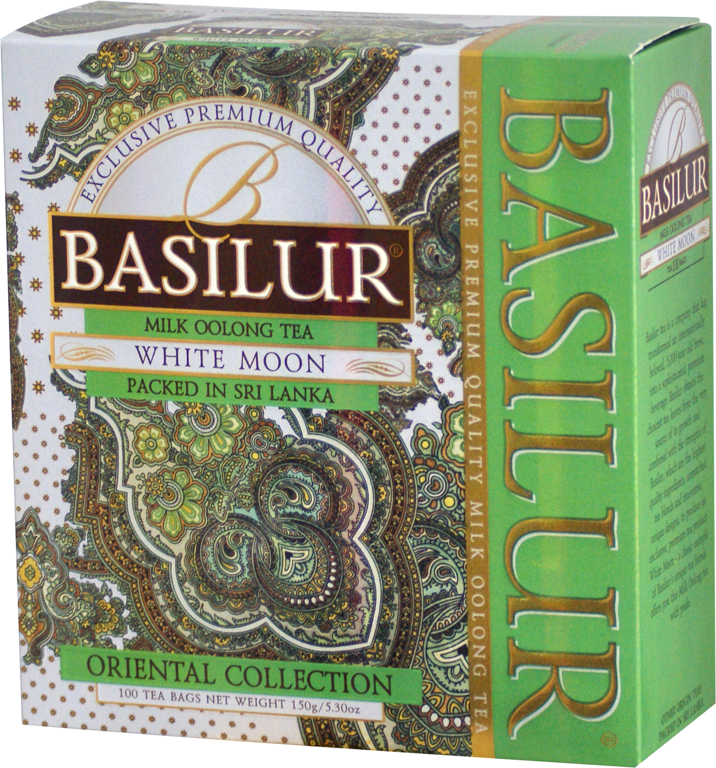 Opakowanie herbaty Basilur White Moon z orientalnym wzorem – delikatna mleczna herbata oolong.