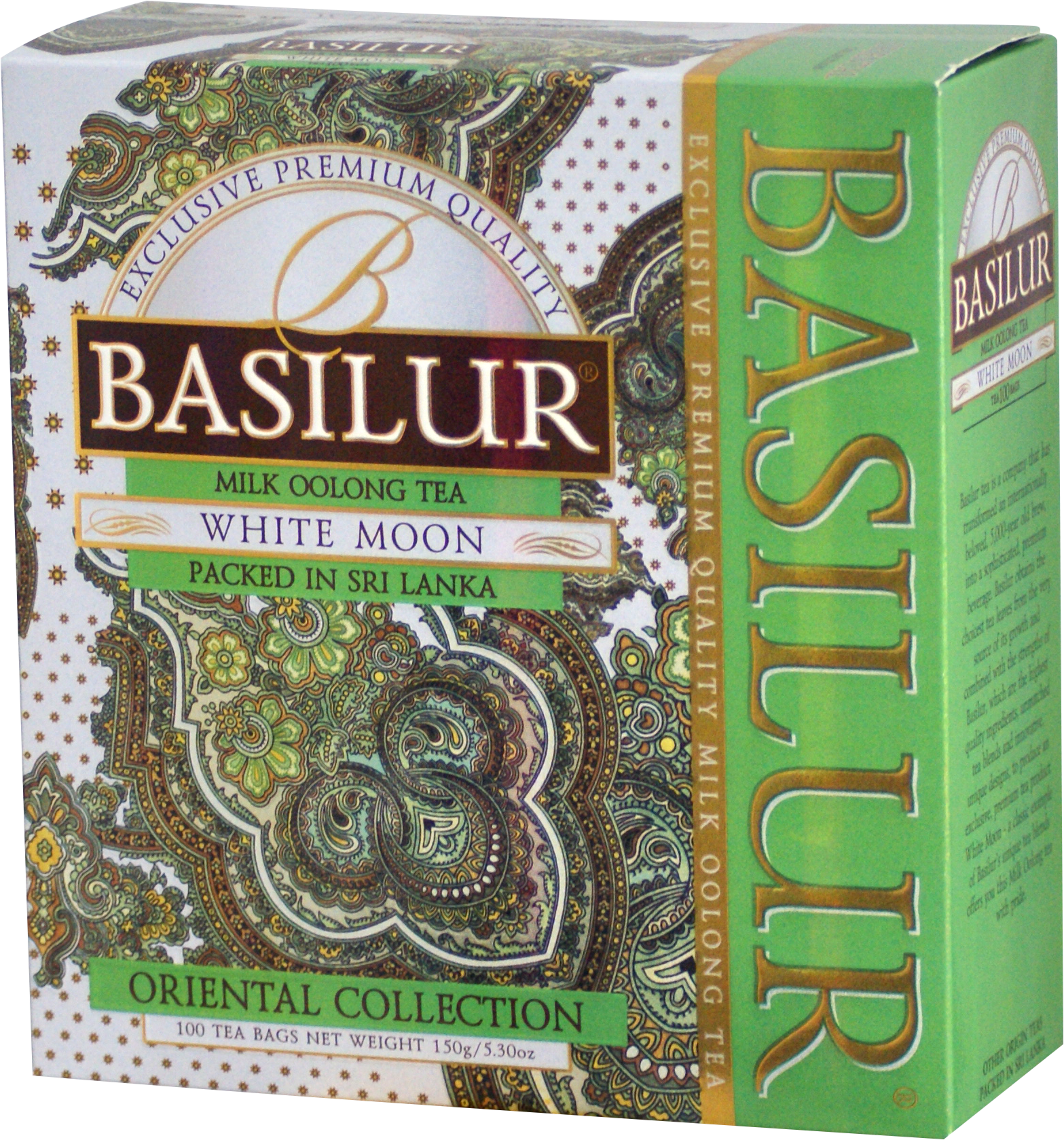 Opakowanie herbaty Basilur White Moon z orientalnym wzorem – delikatna mleczna herbata oolong.