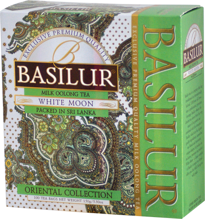 Opakowanie herbaty Basilur White Moon z orientalnym wzorem – delikatna mleczna herbata oolong.
