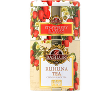 Opakowanie Basilur Strawberry & Cream i Ruhuna Tea, herbata cejlońska w puszce.