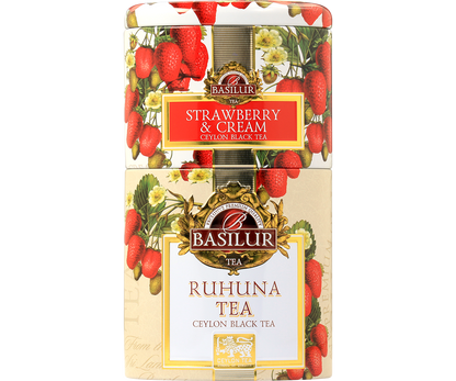 Opakowanie Basilur Strawberry & Cream i Ruhuna Tea, herbata cejlońska w puszce.