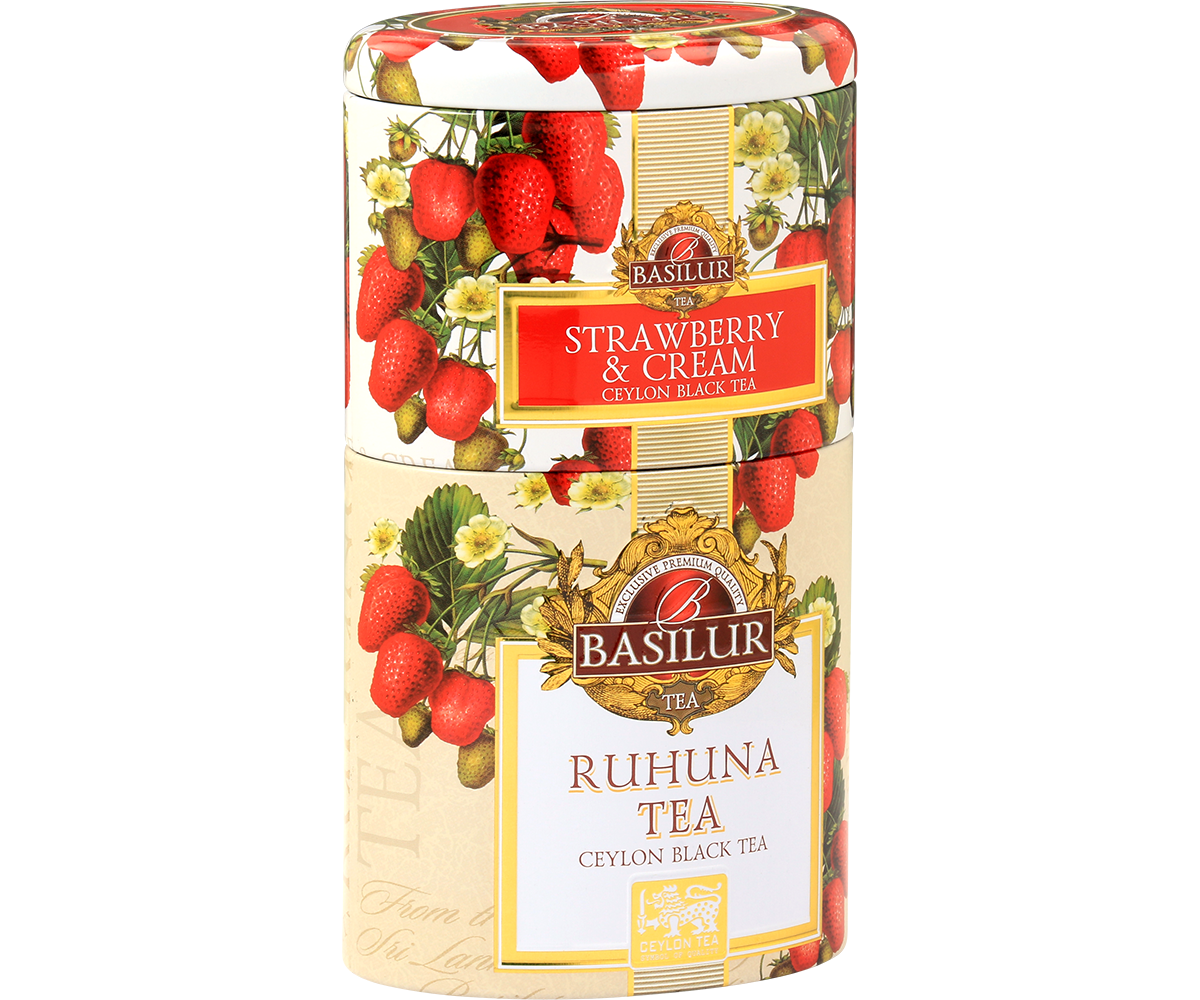 Zestaw dwóch czarnych herbat Basilur w eleganckiej puszce z truskawkowym wzorem.