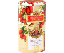 Zestaw dwóch czarnych herbat Basilur w eleganckiej puszce z truskawkowym wzorem.