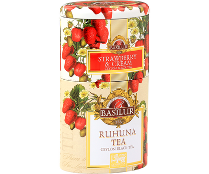 Zestaw dwóch czarnych herbat Basilur w eleganckiej puszce z truskawkowym wzorem.