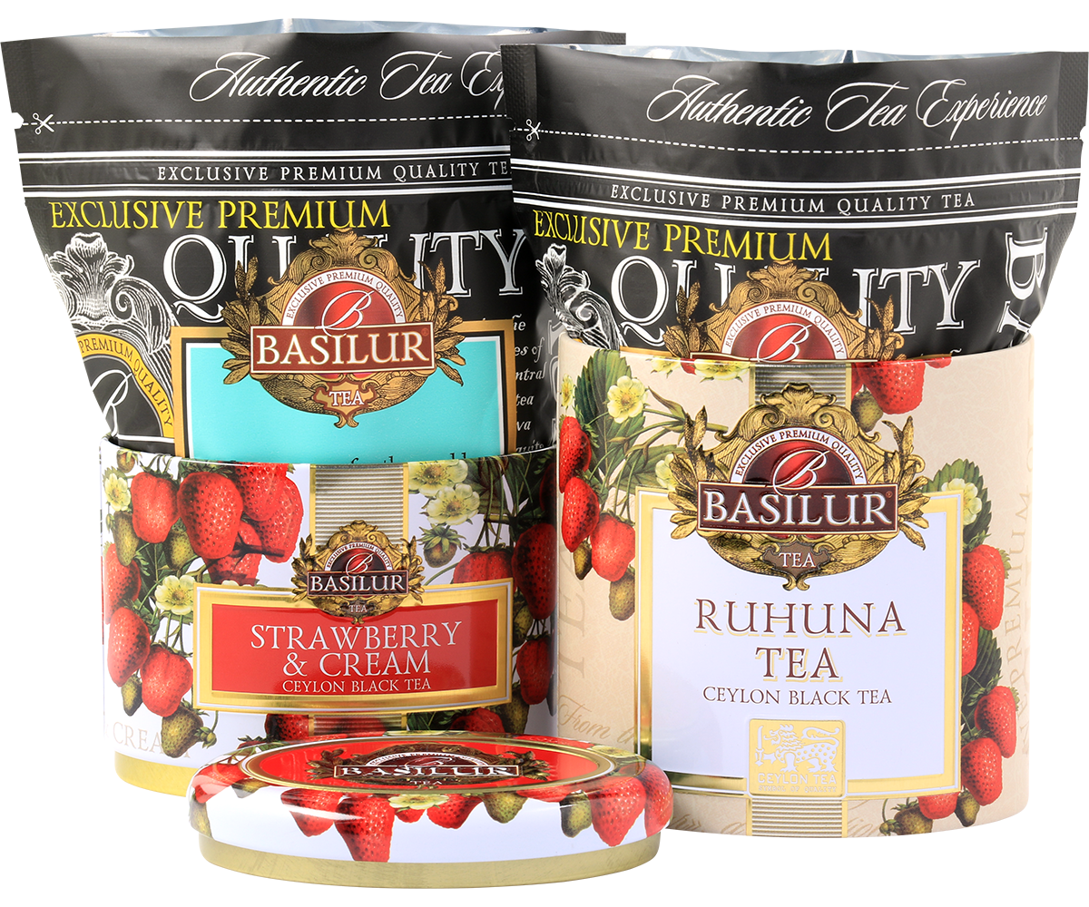 Komplet Basilur z herbatami Strawberry & Cream i Ruhuna Tea, idealny prezent dla miłośników herbaty.