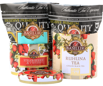 Komplet Basilur z herbatami Strawberry & Cream i Ruhuna Tea, idealny prezent dla miłośników herbaty.
