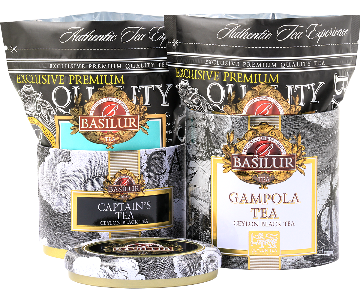 Otwarta puszka Basilur Captain’s & Gampola Tea z herbatami w osobnych woreczkach.