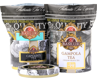 Otwarta puszka Basilur Captain’s & Gampola Tea z herbatami w osobnych woreczkach.