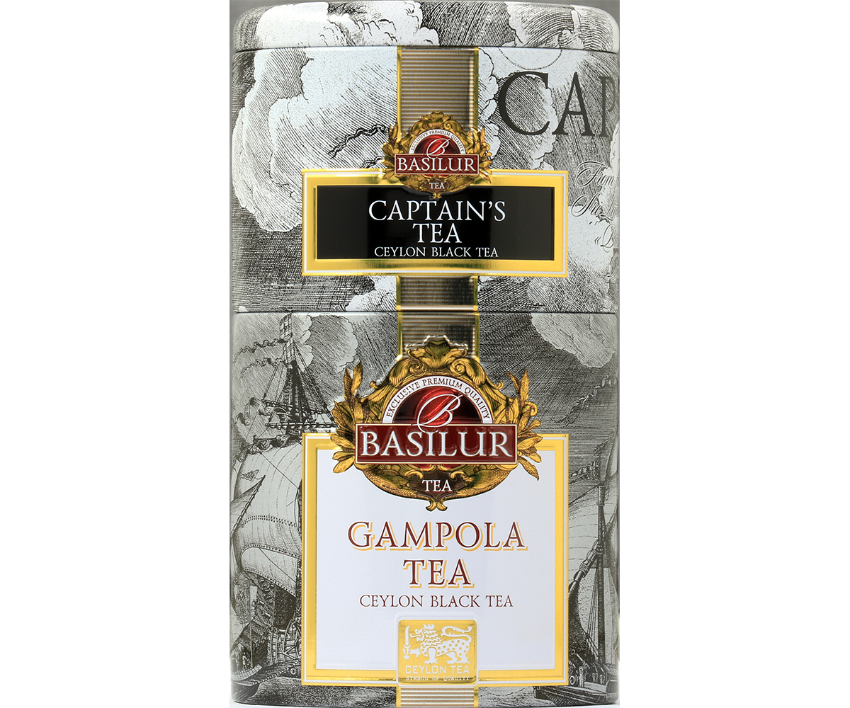 Przód puszki Basilur Captain’s & Gampola Tea, klasyczne opakowanie herbaty cejlońskiej premium.