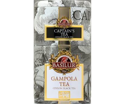 Przód puszki Basilur Captain’s & Gampola Tea, klasyczne opakowanie herbaty cejlońskiej premium.