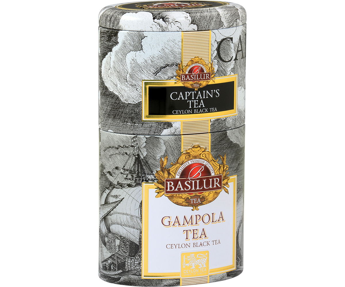 Puszka Basilur Captain’s & Gampola Tea widok z boku, ozdobiona marynistycznym motywem żaglowców.