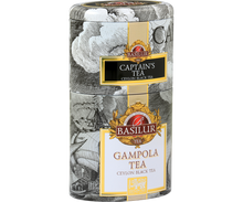 Puszka Basilur Captain’s & Gampola Tea widok z boku, ozdobiona marynistycznym motywem żaglowców.