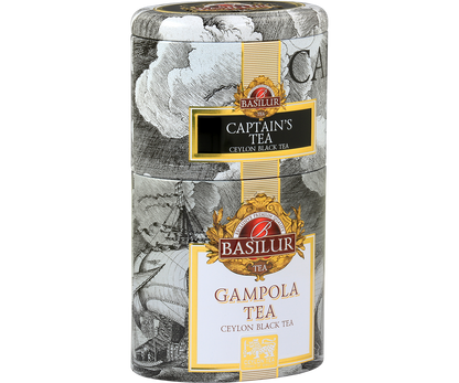 Puszka Basilur Captain’s & Gampola Tea widok z boku, ozdobiona marynistycznym motywem żaglowców.