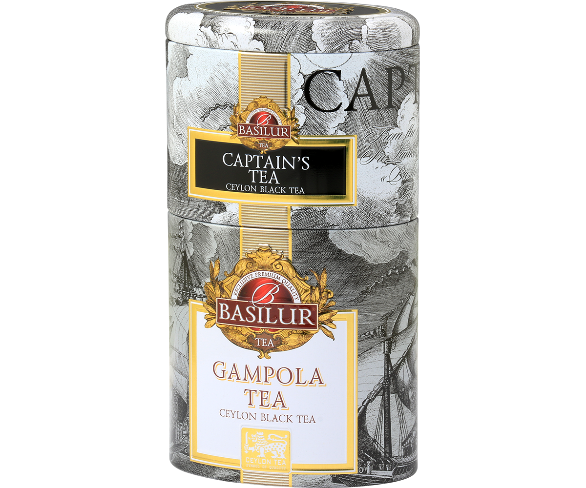 Metalowa puszka Basilur Captain’s & Gampola Tea, elegancki zestaw czarnych herbat cejlońskich.