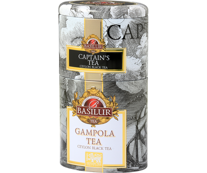 Metalowa puszka Basilur Captain’s & Gampola Tea, elegancki zestaw czarnych herbat cejlońskich.