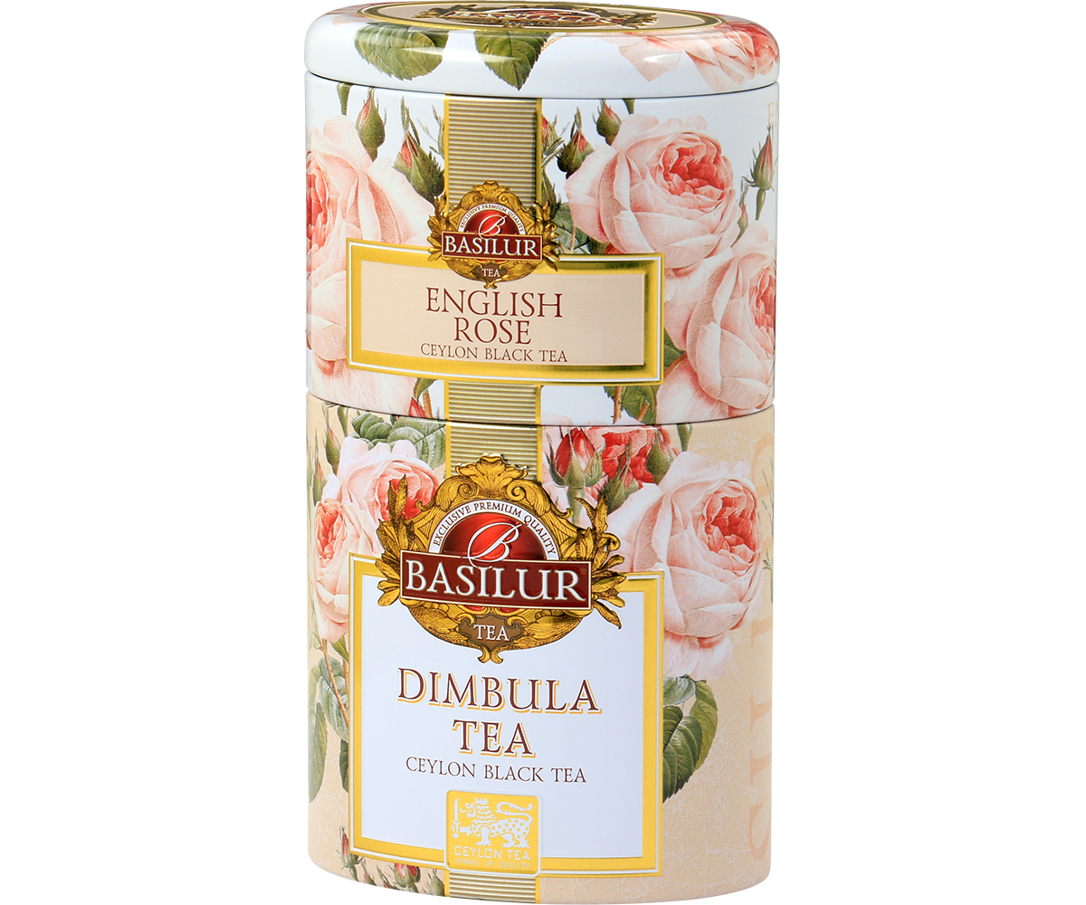 Zestaw herbat Basilur English Rose i Dimbula w eleganckiej różanej puszce.
