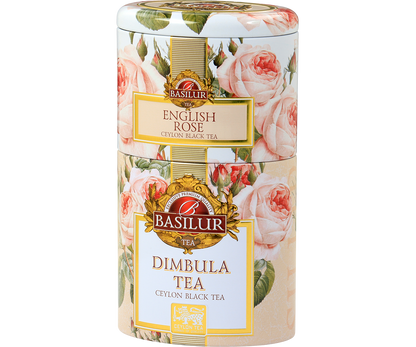 Zestaw herbat Basilur English Rose i Dimbula w eleganckiej różanej puszce.