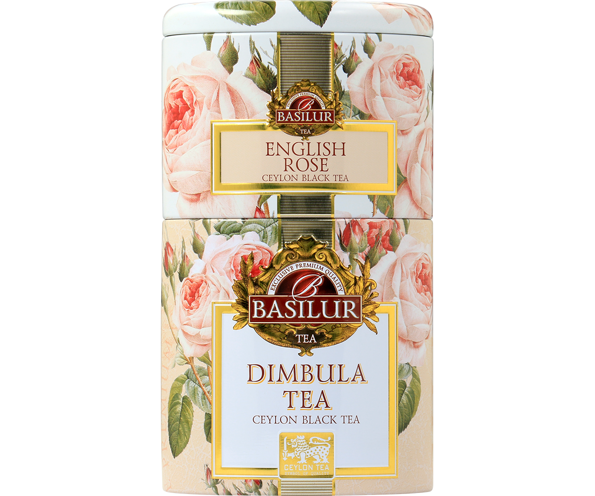 Dwupoziomowa puszka Basilur z czarną herbatą ceylońską English Rose i Dimbula.