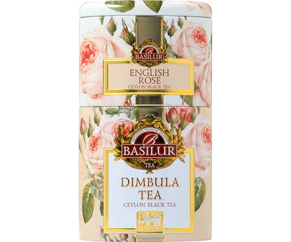 Dwupoziomowa puszka Basilur z czarną herbatą ceylońską English Rose i Dimbula.