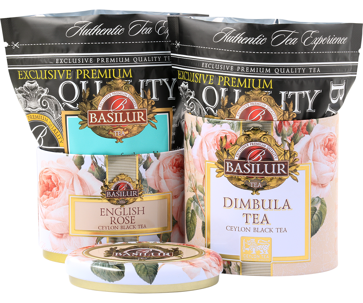 Zestaw herbat Basilur English Rose & Dimbula z opakowaniami typu refill.