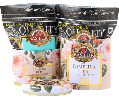 Zestaw herbat Basilur English Rose & Dimbula z opakowaniami typu refill.