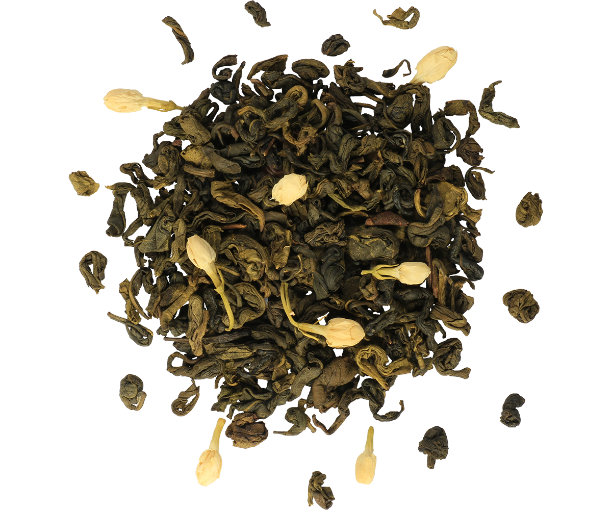 Liście zielonej herbaty z kwiatami jaśminu Basilur – aromatyczna kompozycja premium.