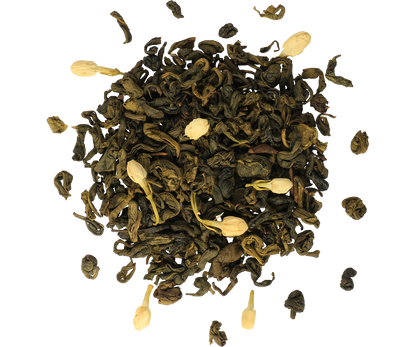 Liście zielonej herbaty z kwiatami jaśminu Basilur – aromatyczna kompozycja premium.