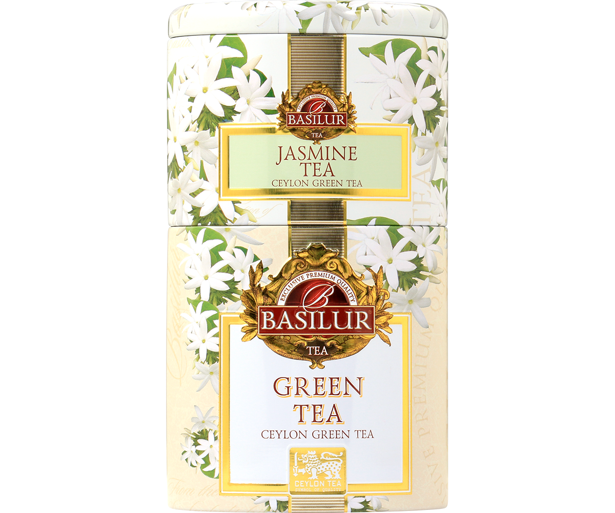 Opakowanie Basilur Jasmine & Green Tea – elegancka puszka z białymi kwiatami jaśminu.